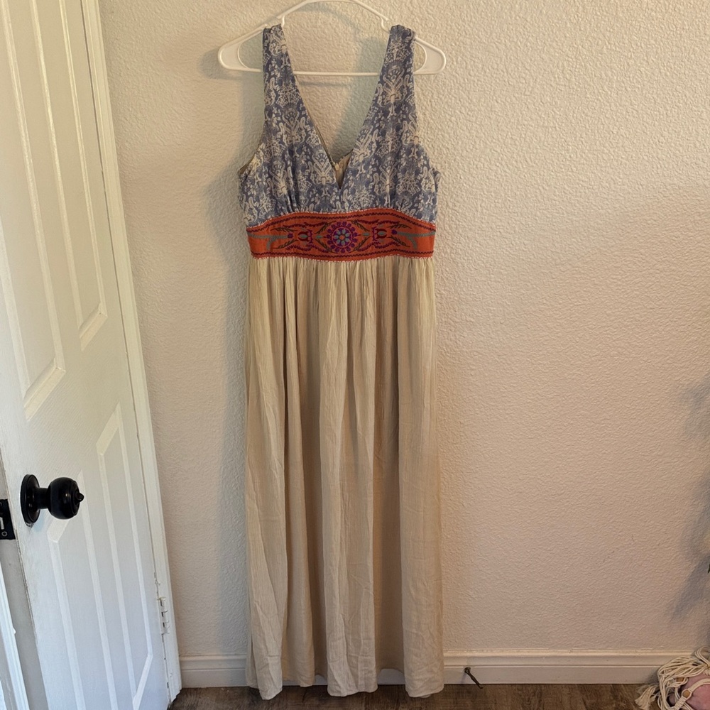 Flying Tomato Blue and Cream Maxi Dress with Orange Embroidered Waist